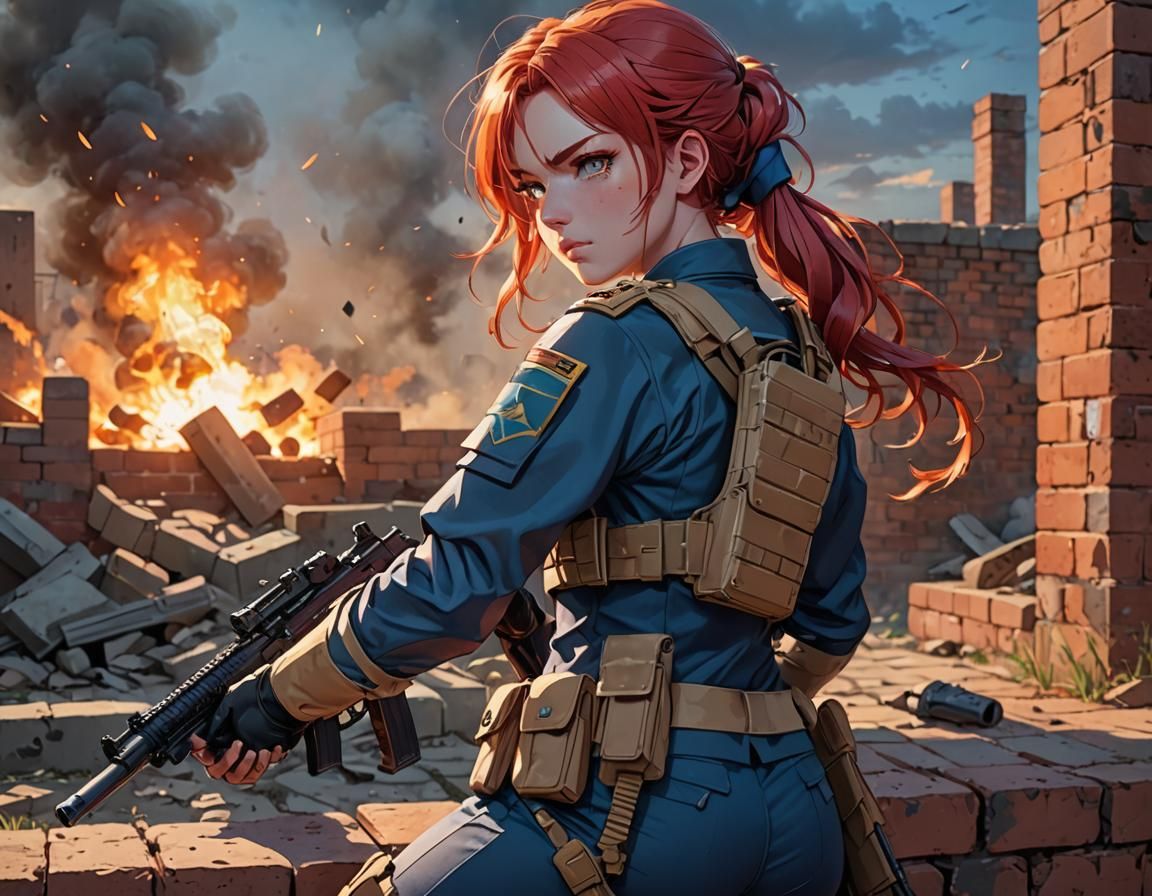 Anime Soldier Rests on Battlefield in Golden Light