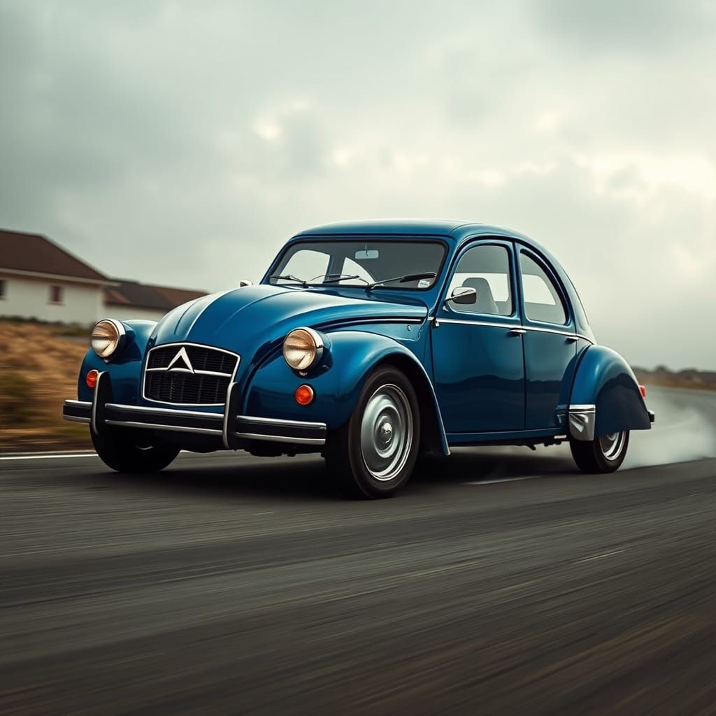 Blue Citroën 2CV with V12 Engine, Cinematic Style