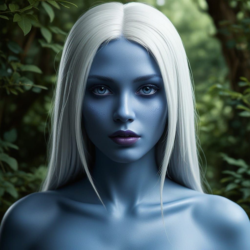 Hyperrealistic Portrait of a Woman in Porcelain Blue Skin