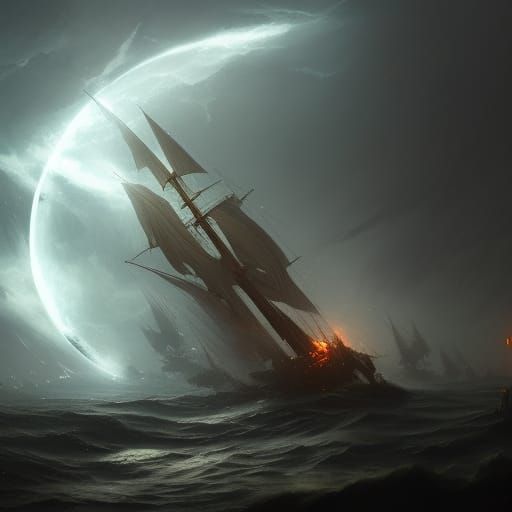 Epic Ship Battle Under Stormy Moonlit Sky