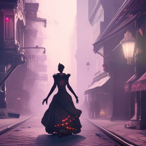 Victorian Lady Meets Robot in Cyberpunk Street