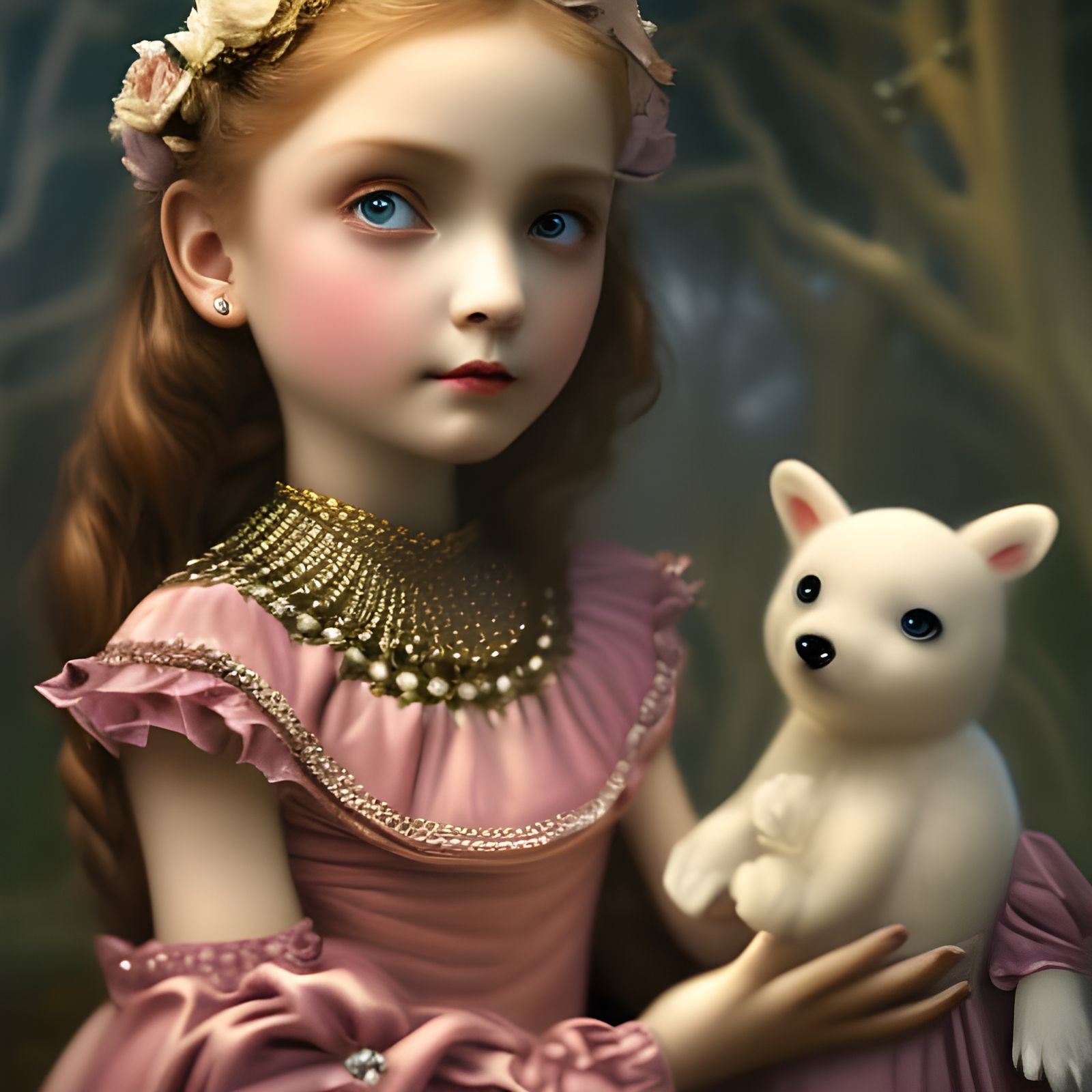 Creepy Girl with Teddy Bear in Pop Surrealism Style