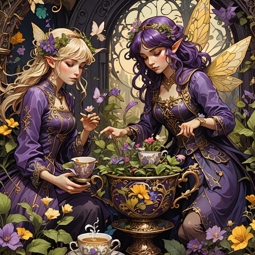 Fairies Tend Teacup Garden in Dark Fantasy Art