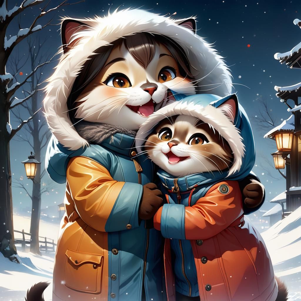 Anthropomorphic Birman Cats Enjoying Snowy Winter Night