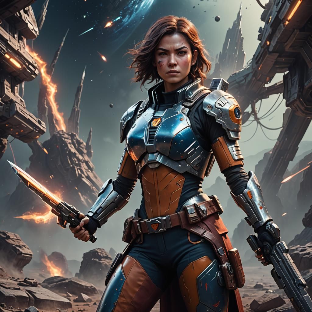 Female Space Warrior with Sword and Phaser