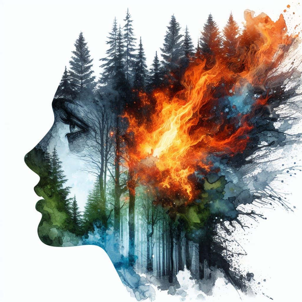 Face and Forest Double Exposure in Watercolor Style