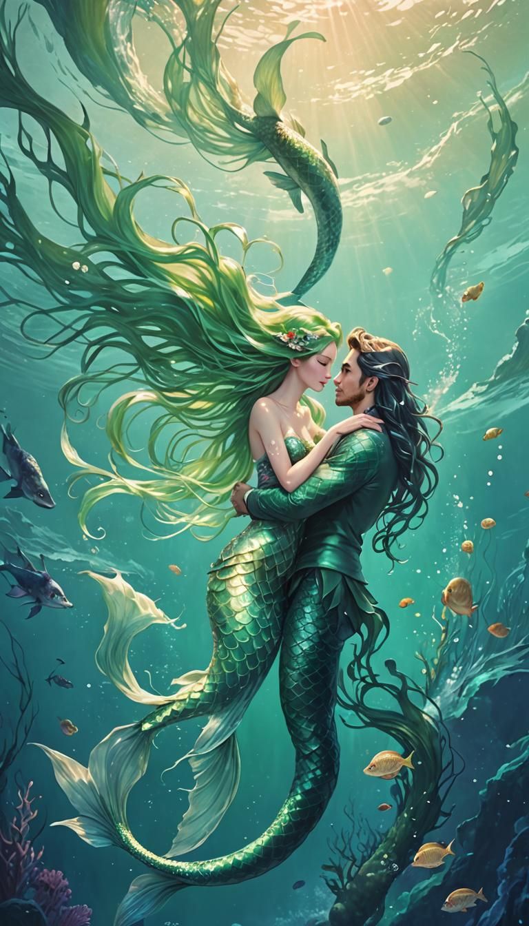 Elegant Mermaid with Merman Prince, Yuumei Art