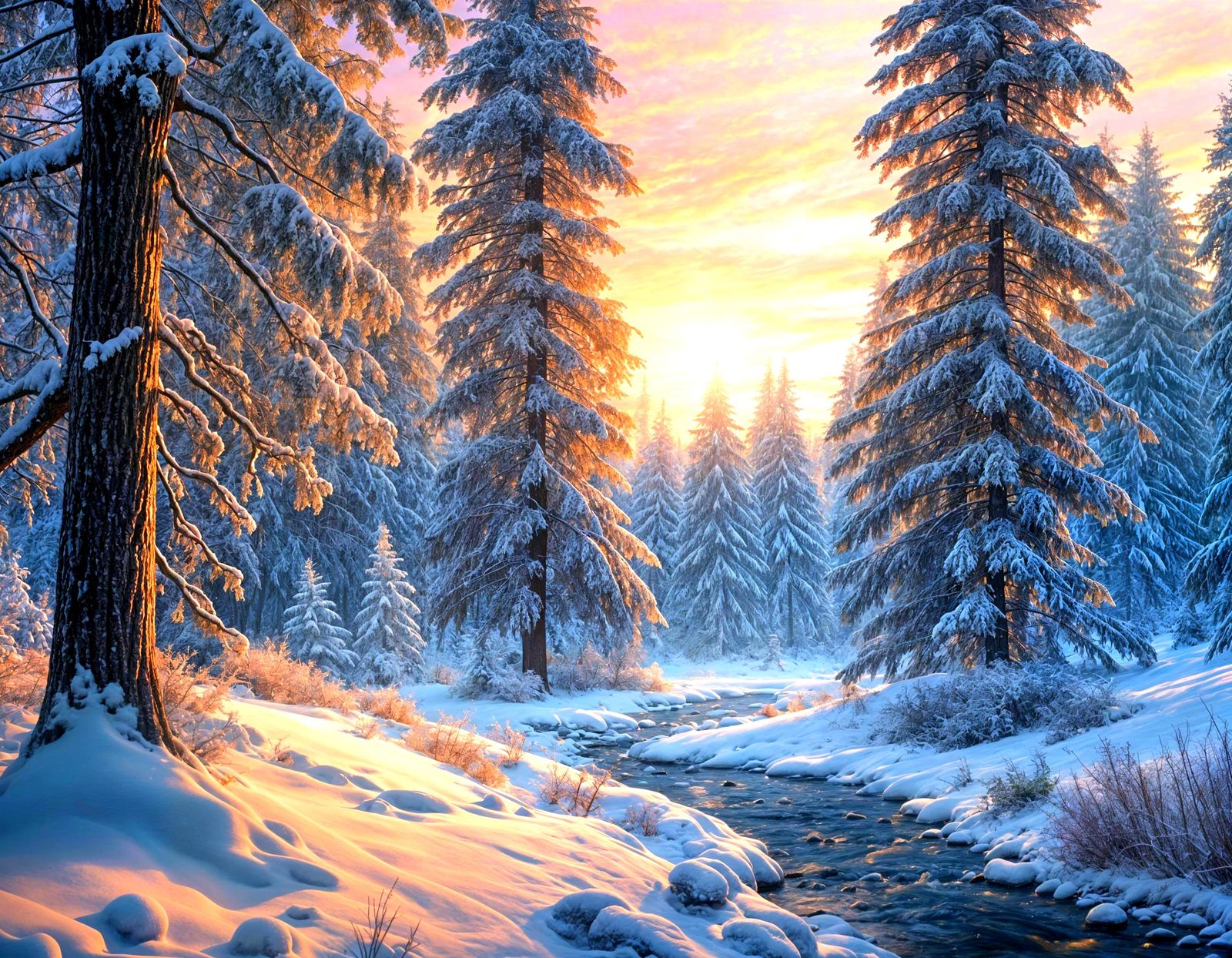 Golden Hour Winter Forest Sunset Photo