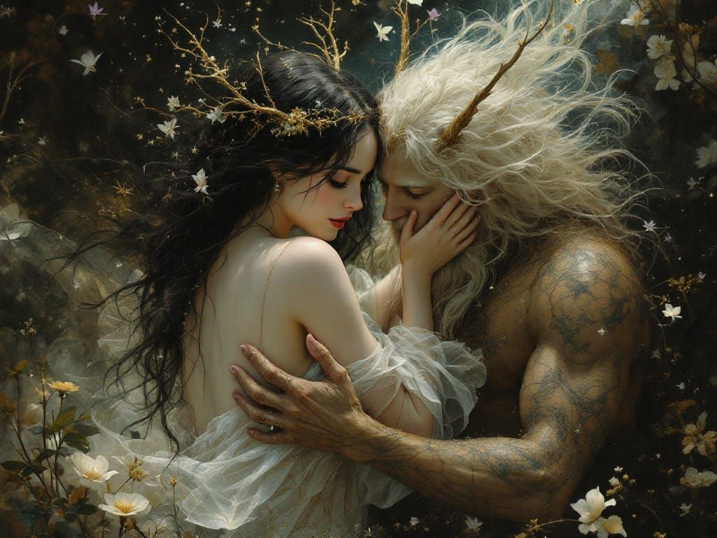 Surreal Fae Goddess and Pan Embrace in Whimsical, Dreamlike....