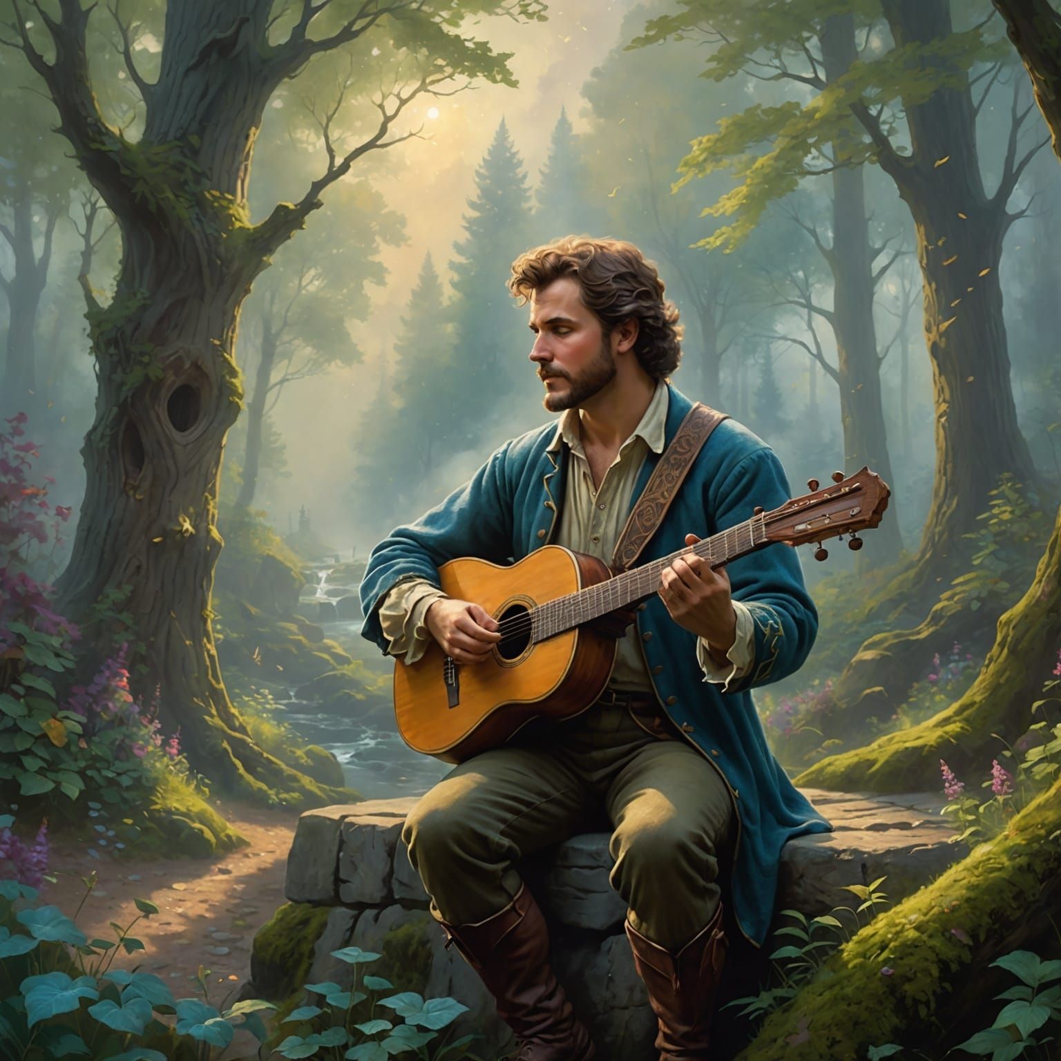 Ethereal Bard Singing in Misty Forest, Hyperdetailed Fantasy