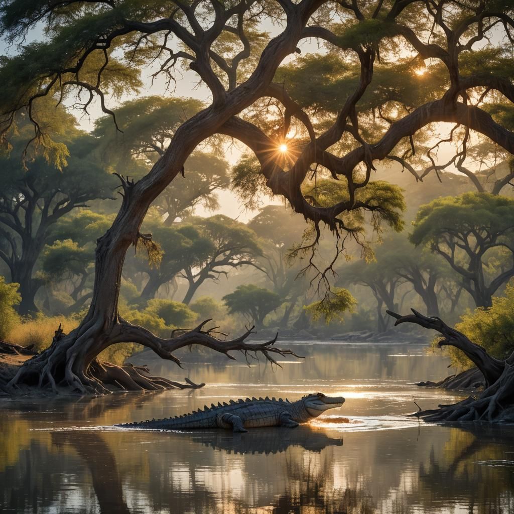 Hyperrealistic Crocodile Sheltering Under Acacia Tree