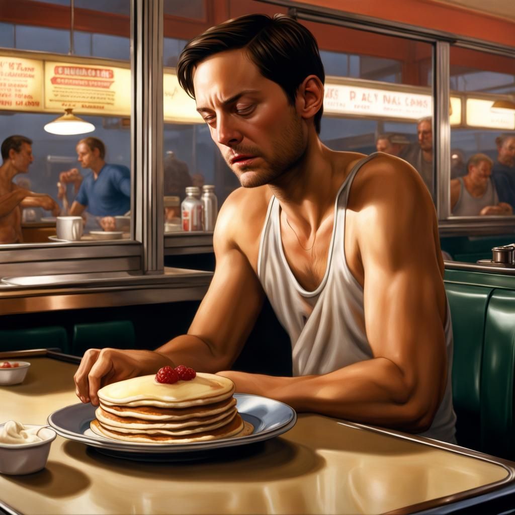 Hyperrealistic Weeping Man with Pancakes