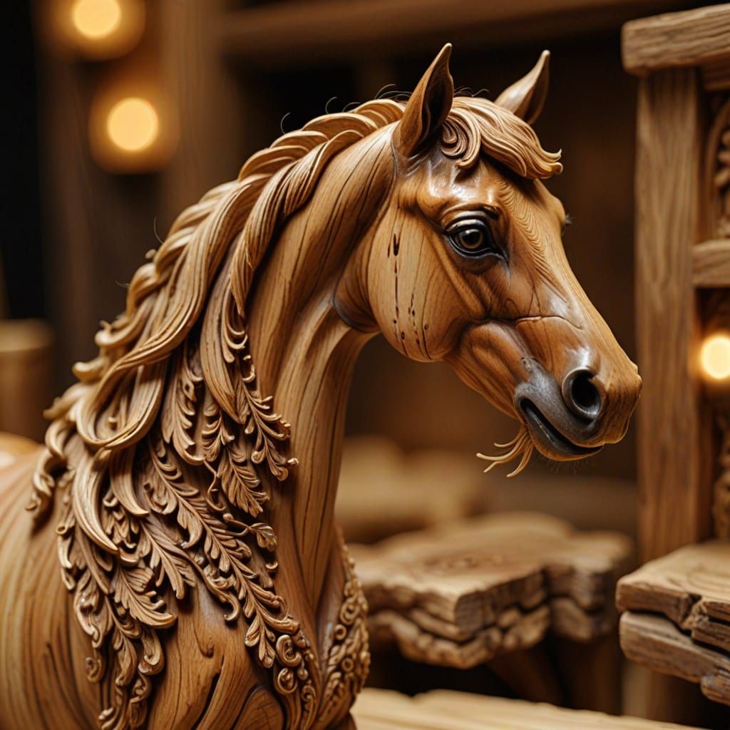 Intricate Wood Carving of Miniature Horse