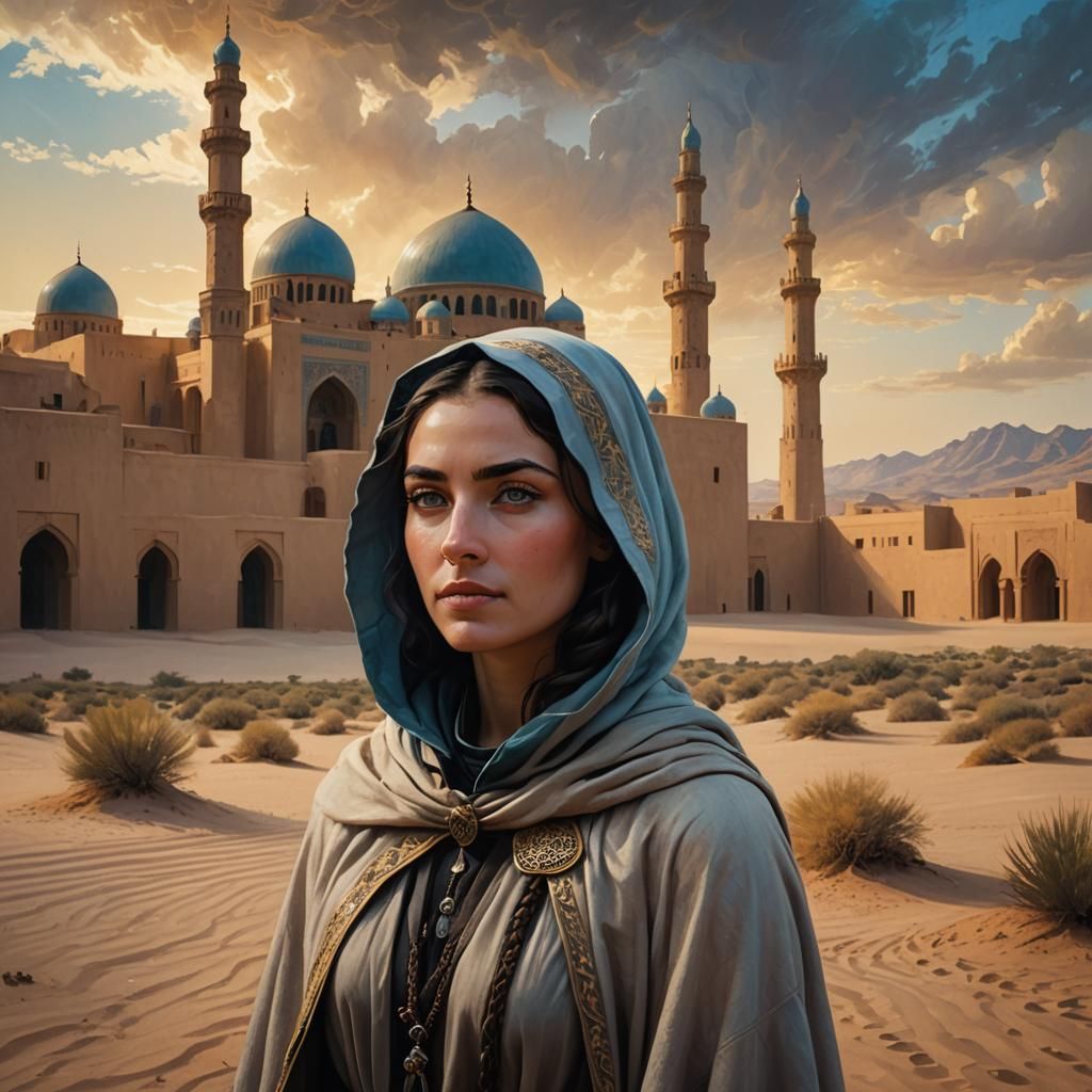 Young Arab Woman in Desert Landscape, Impasto Painting
