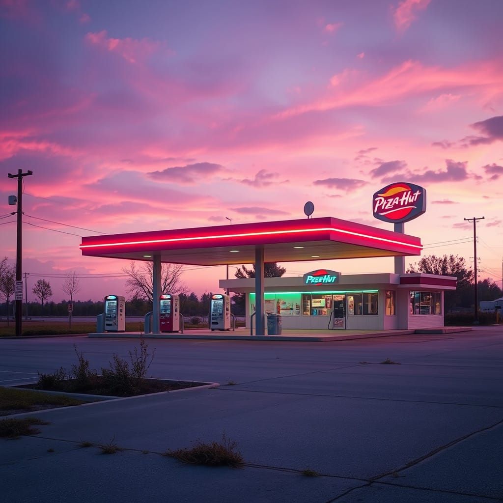 Retro-Futuristic Gas Station Dreamscape at Dusk