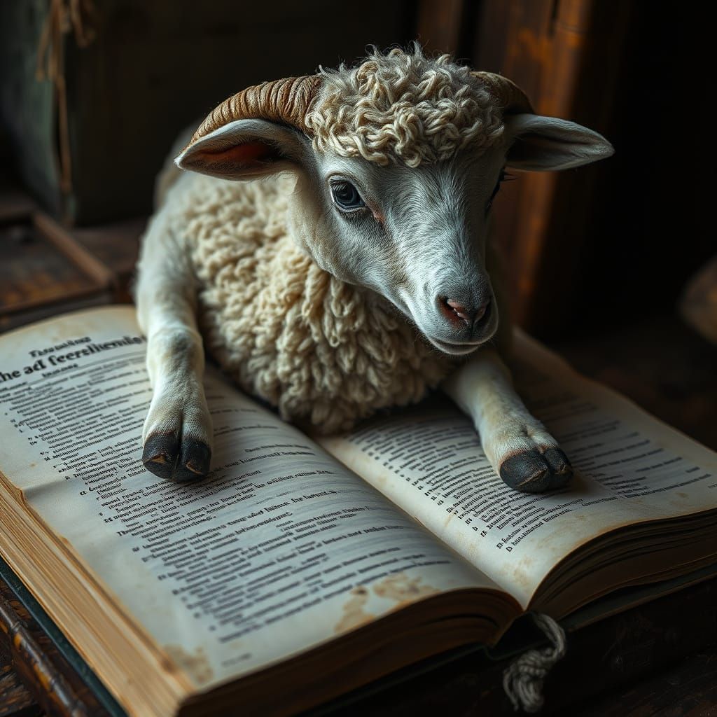 Sheep Reading Rhyming Dictionary in Moody Cinematic Light