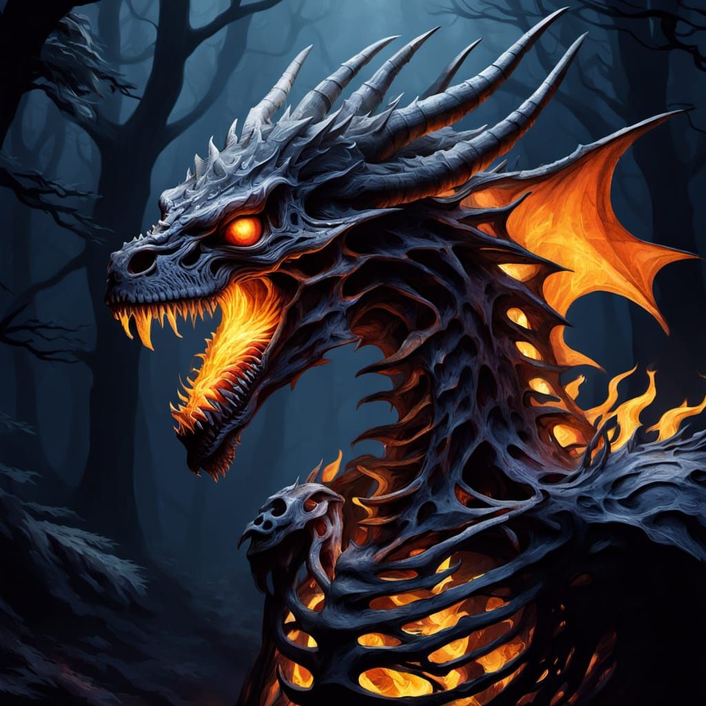 Dark Fantasy Skeleton Dragon in Mystic Forest