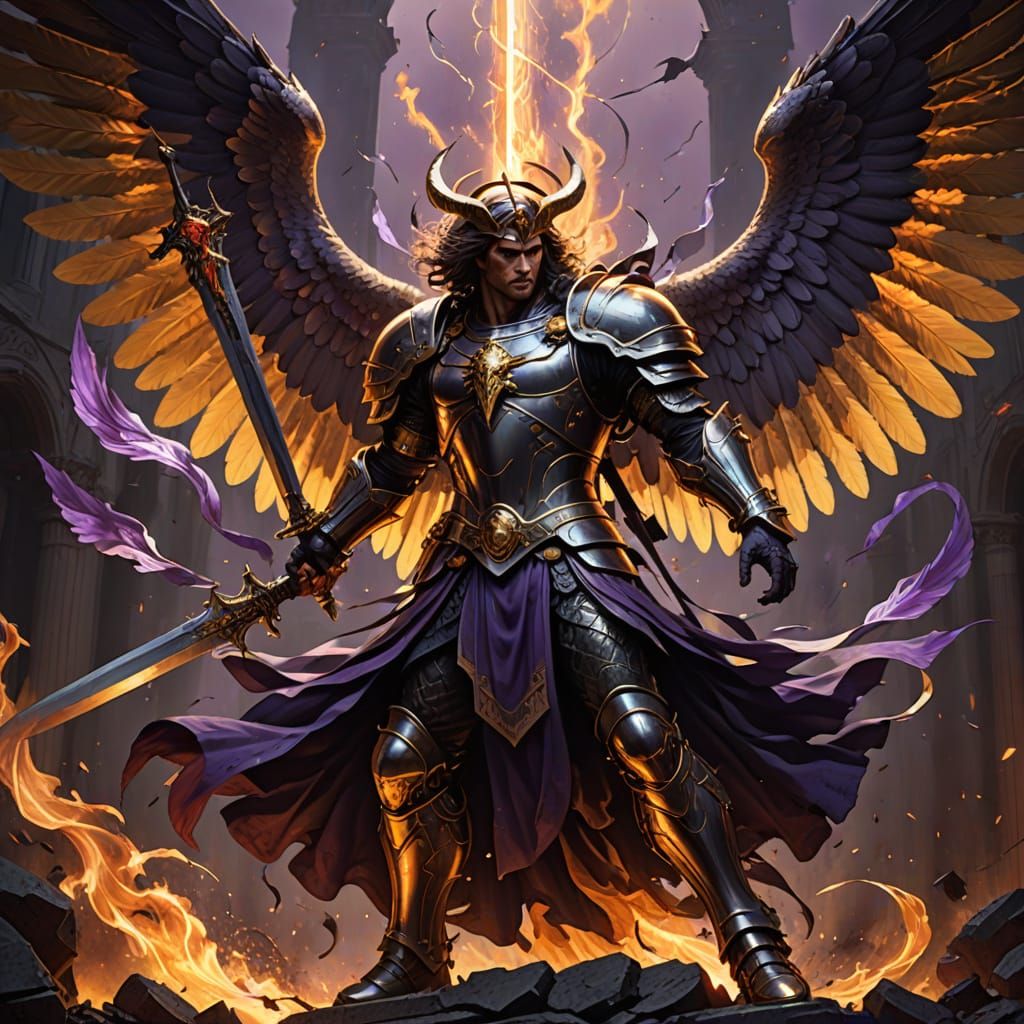 Ethereal Archangel Slaying the Devil in a Fiery, Dramatic Sc...