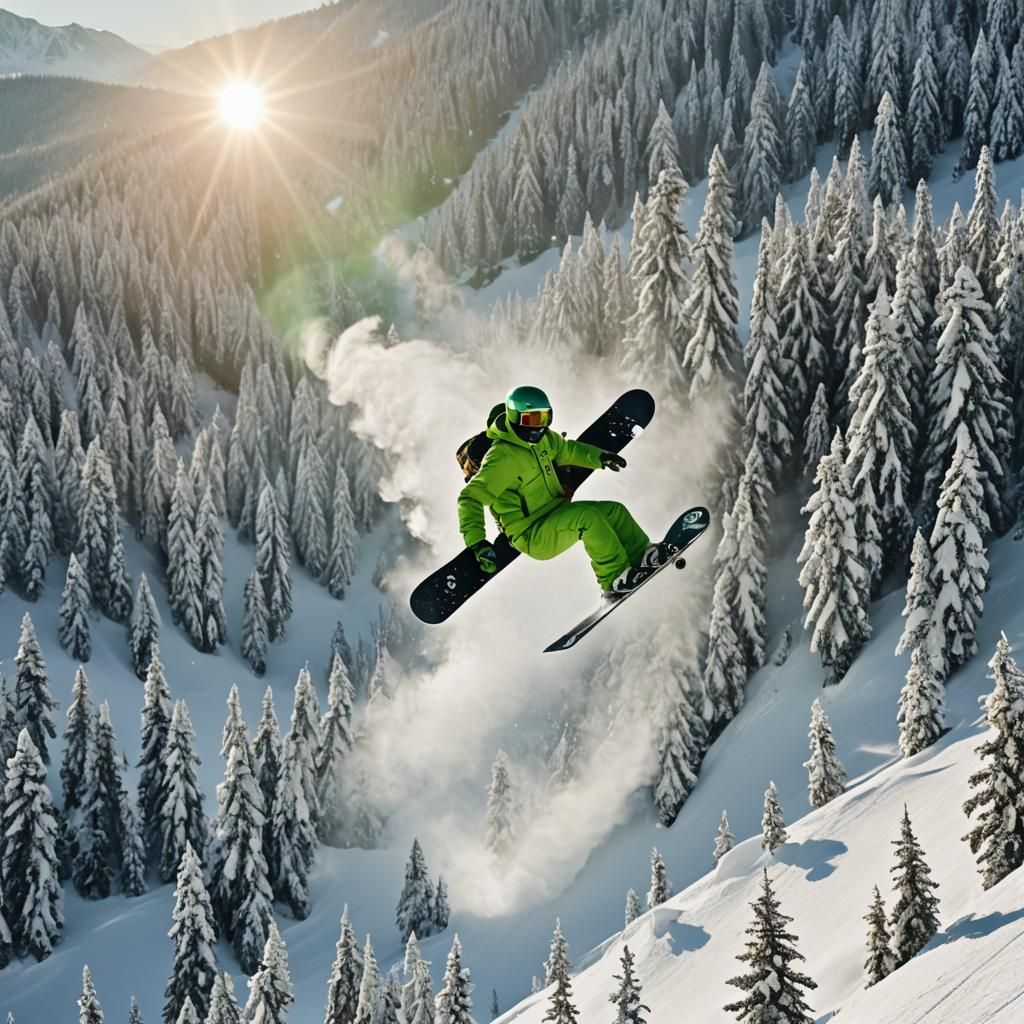 A little green man with a snowboard on his back, he said...