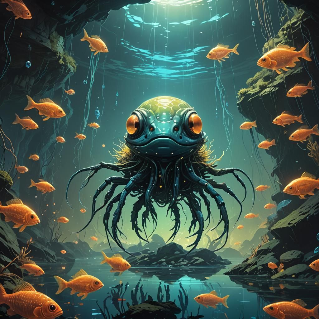 Bioluminescent Alien Creature in Underwater Cave