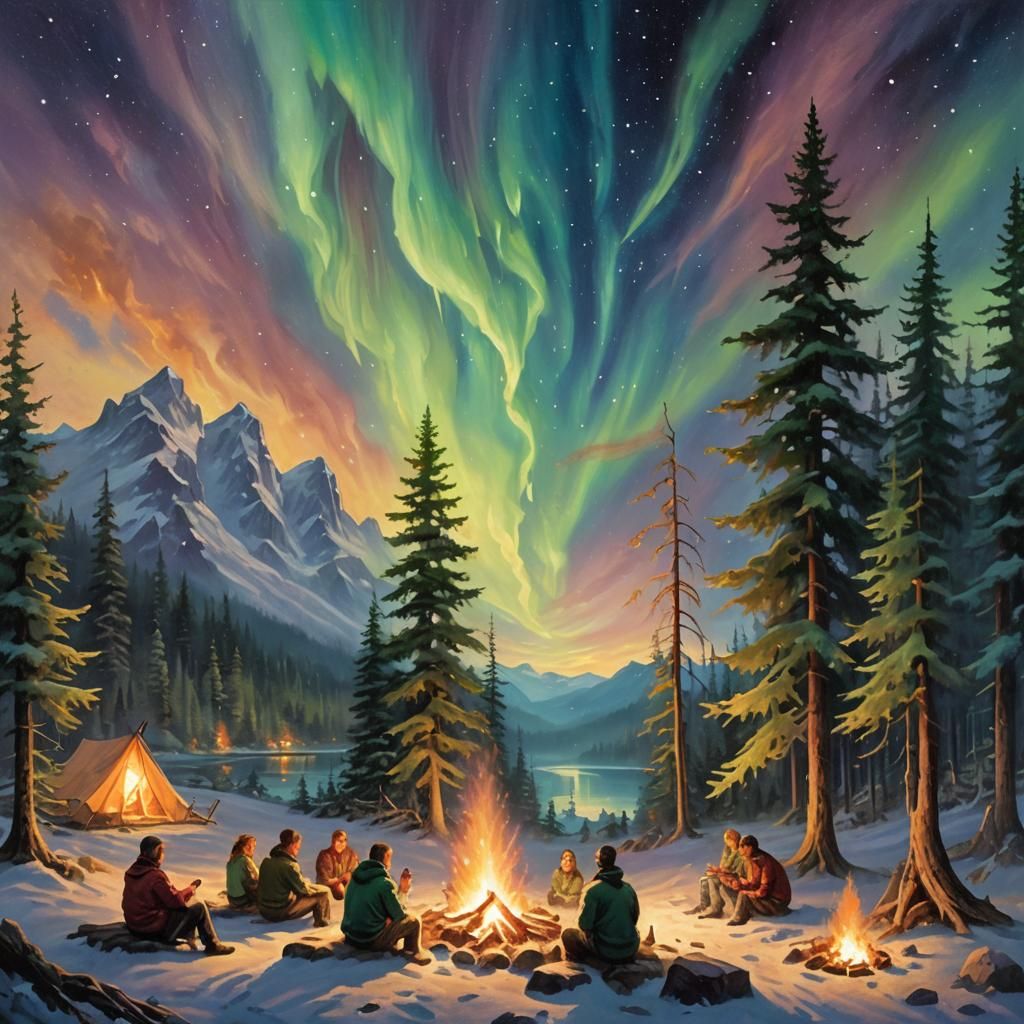 Campfire Under Northern Lights in Ethereal Fantasy Style