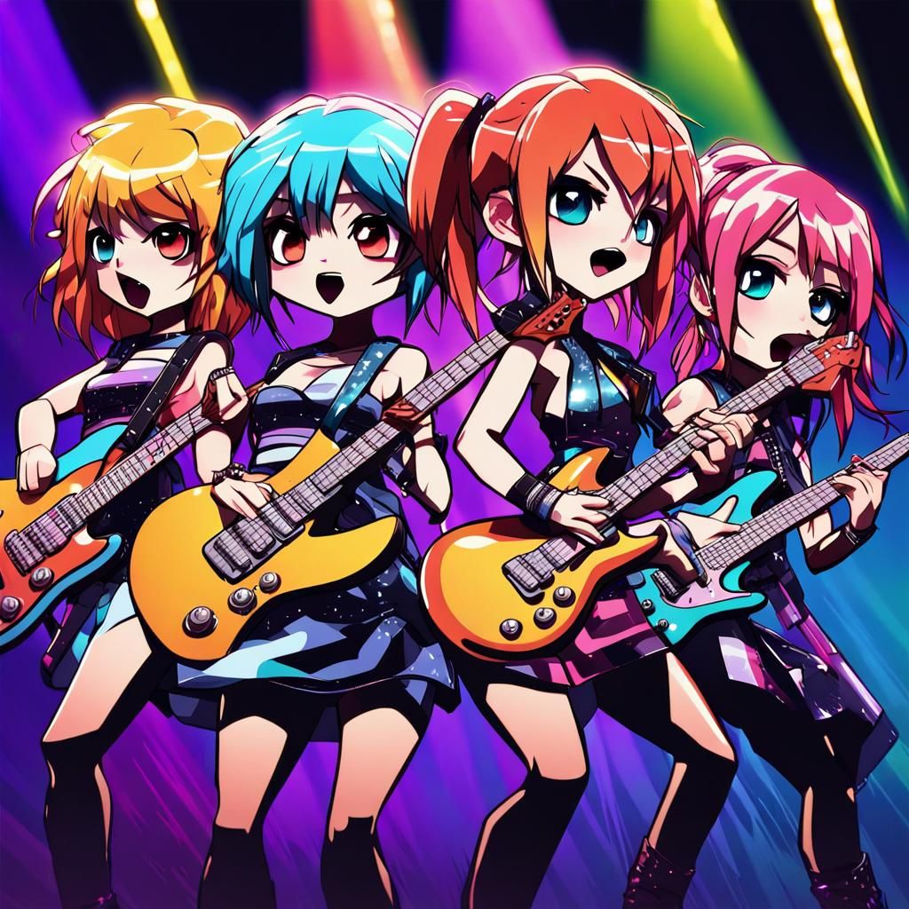 Chibi Anime Rock Band on Stage in Y2K Style
