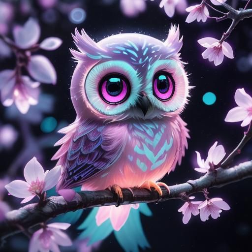 Neon Sakura Chibi Owl in Surreal X-Ray Close-Up