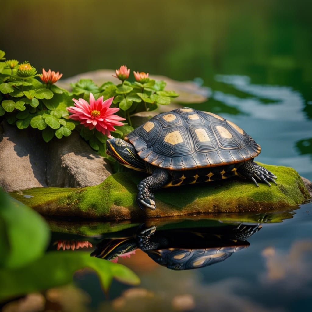 Red-Eared Slider Turtle Sunbathing in Green Lake