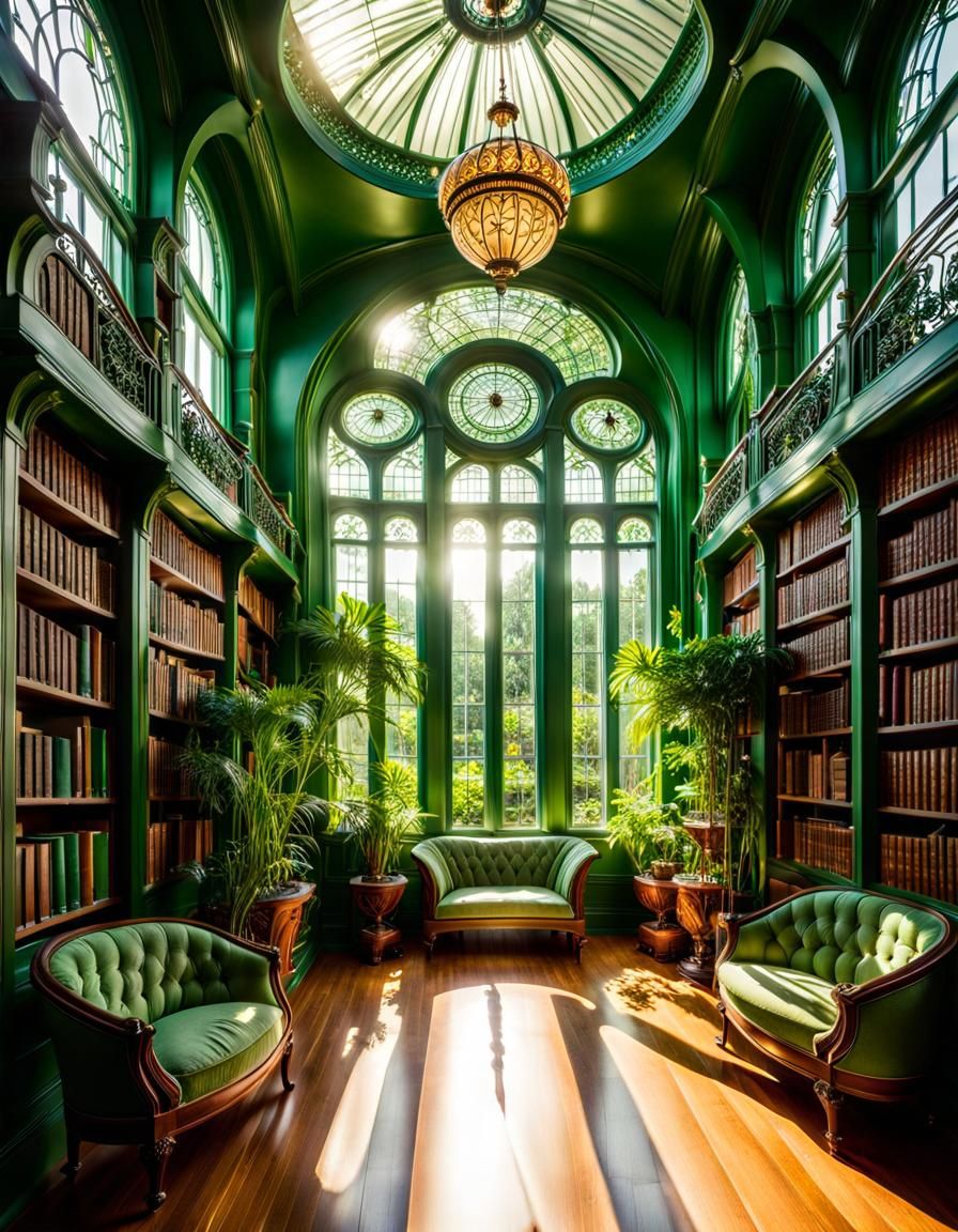 Green Art Nouveau Library with Sunlight