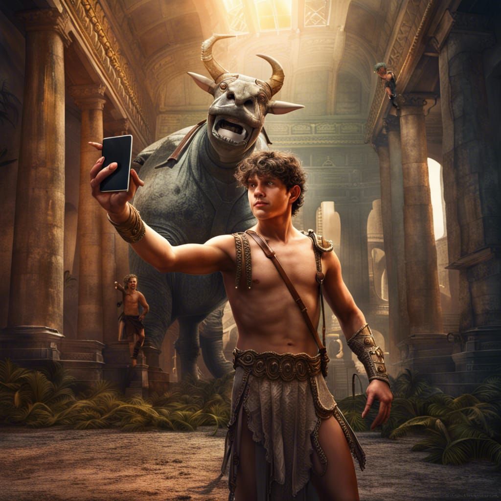 Roman Teen Selfie with Minotaur: Fantasy Concept Art