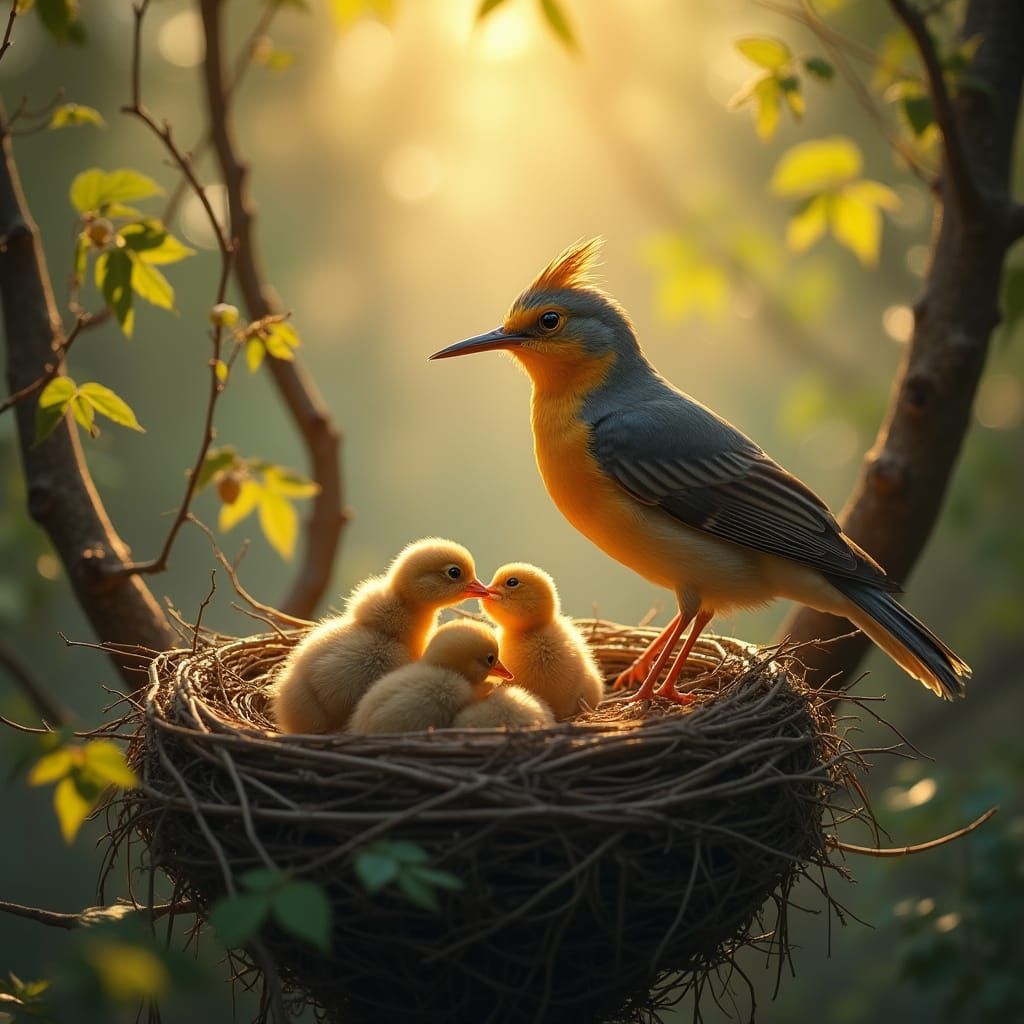 Bird in Nest, Feeding Chicks in Golden Light