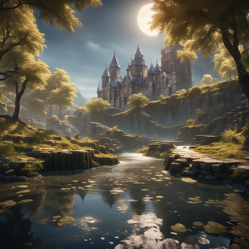 Golden Celestial City with Crystal River at Sunrise