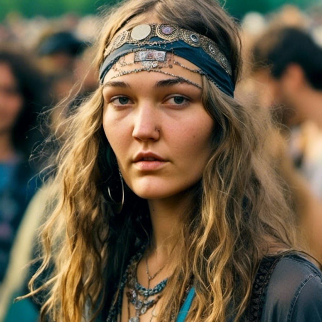 Woodstock Hippie Portrait in Aged Photograph Style