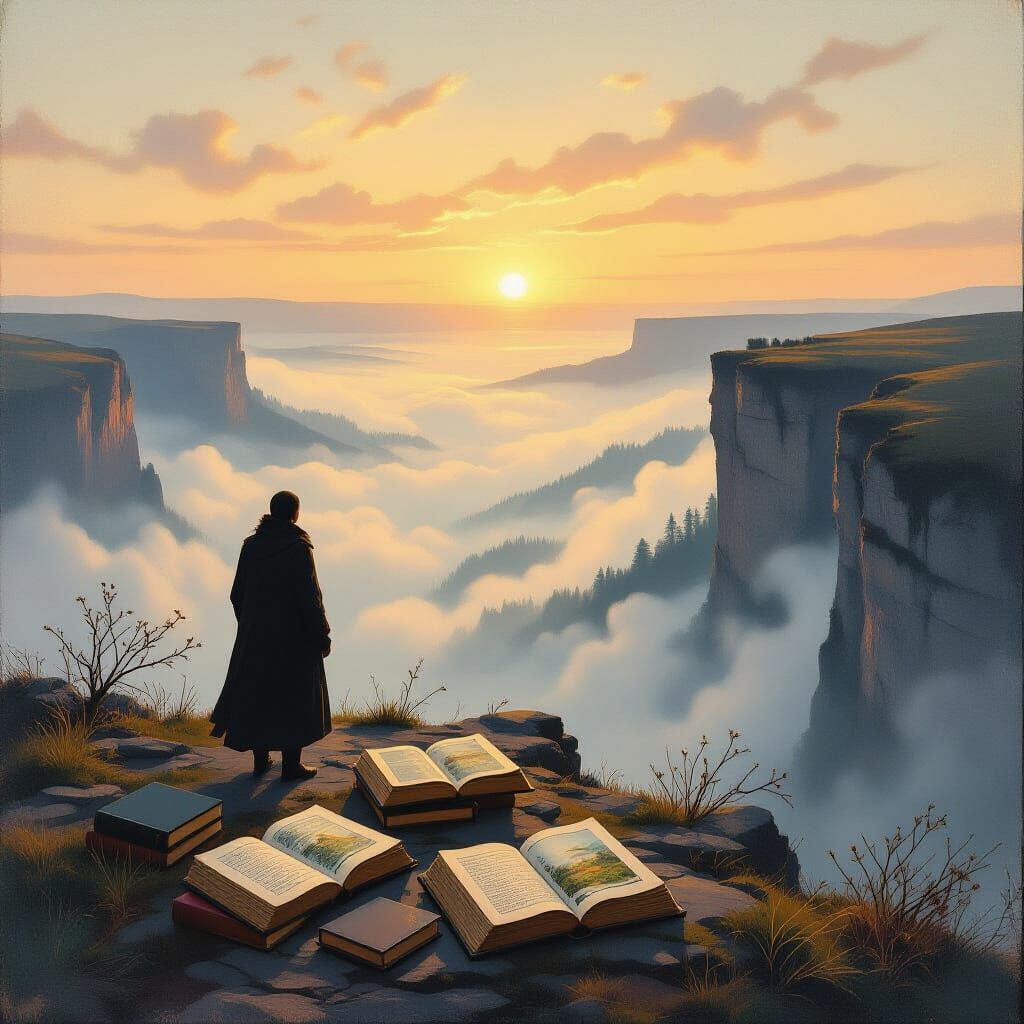 Figure on Cliff Overlooking Misty Valley at Dawn