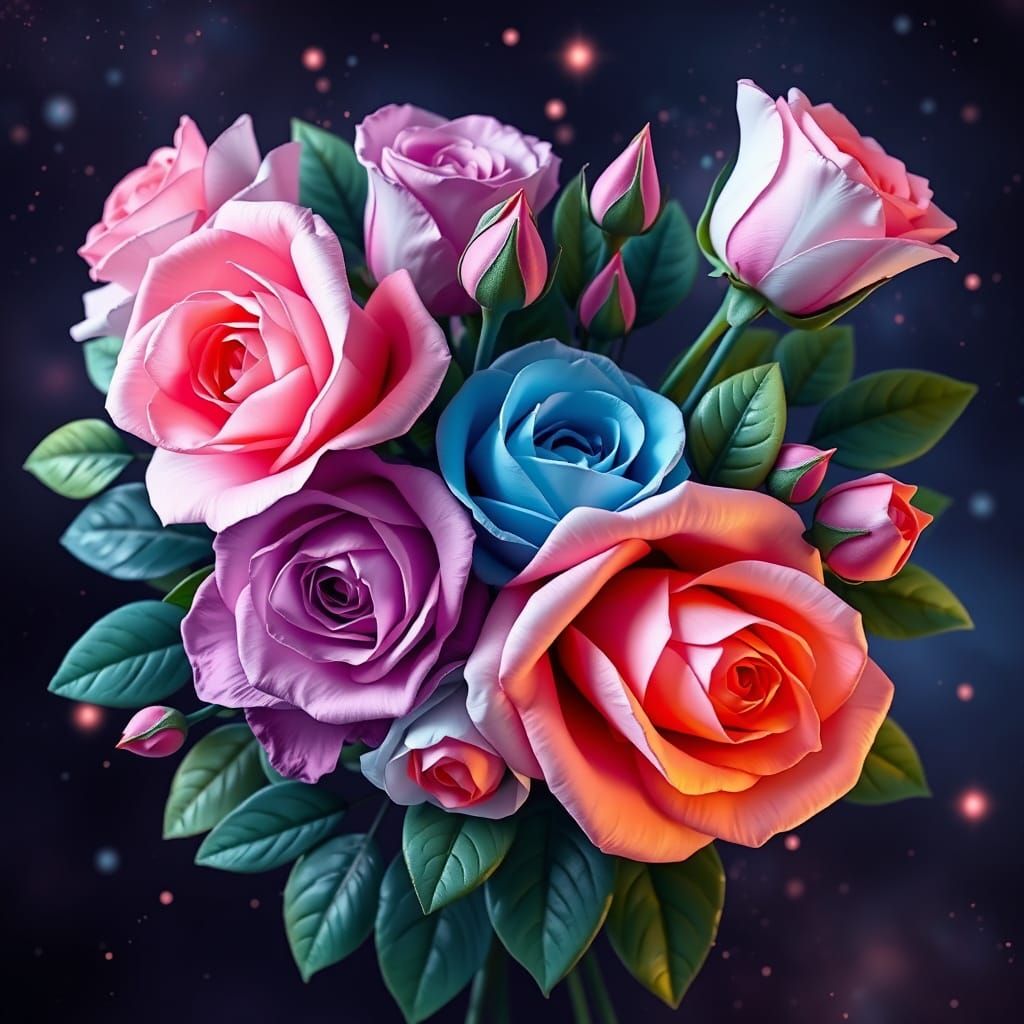 A vibrant, digitally rendered composition of roses colored in various shades, including pink, blue, purple and orange. T...