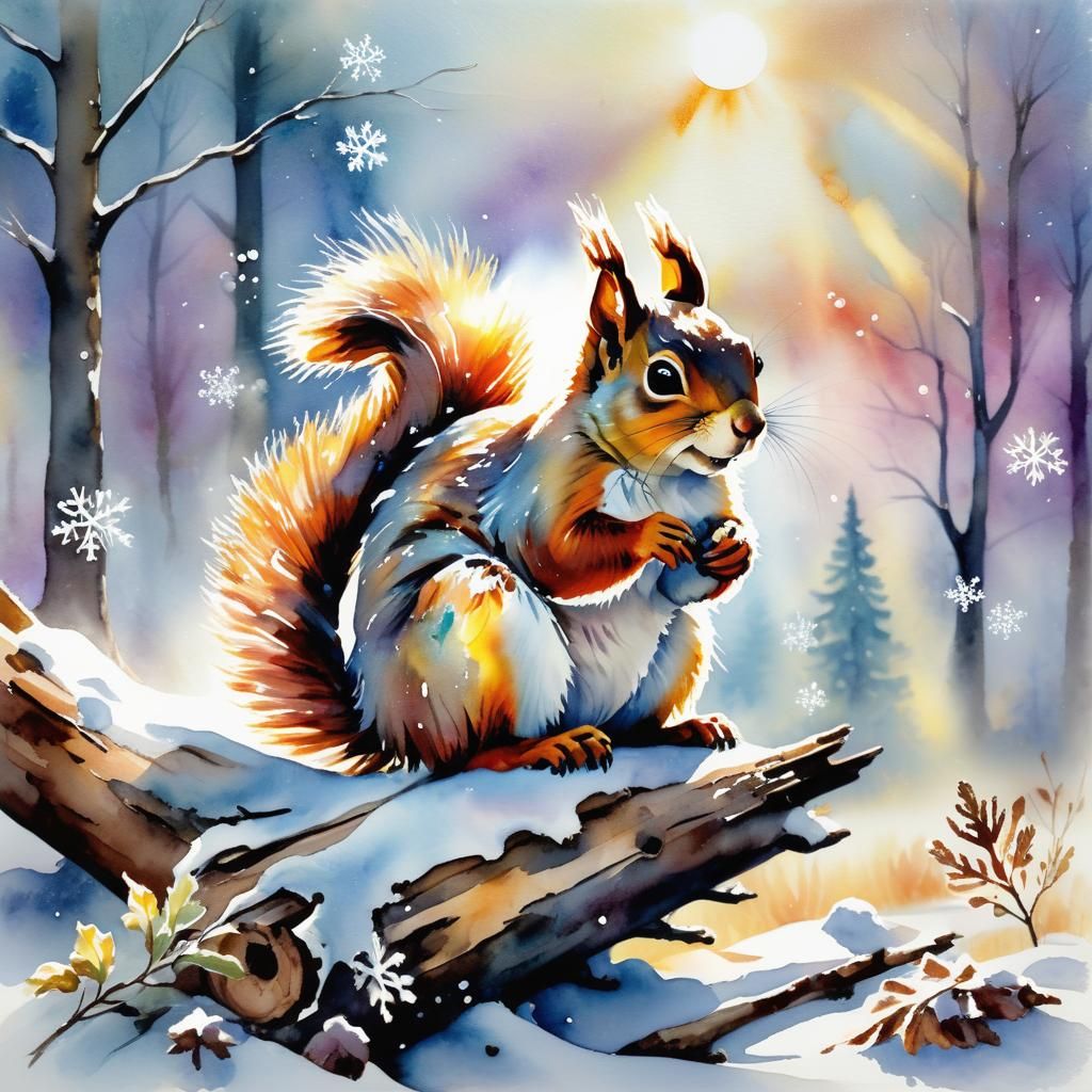 Squirrel in Winter Wonderland: Expressive Watercolor
