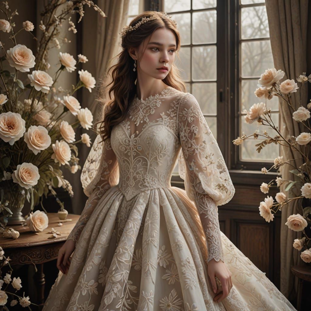 Ethereal Ivory Gown with Intricate Lace and Pearls