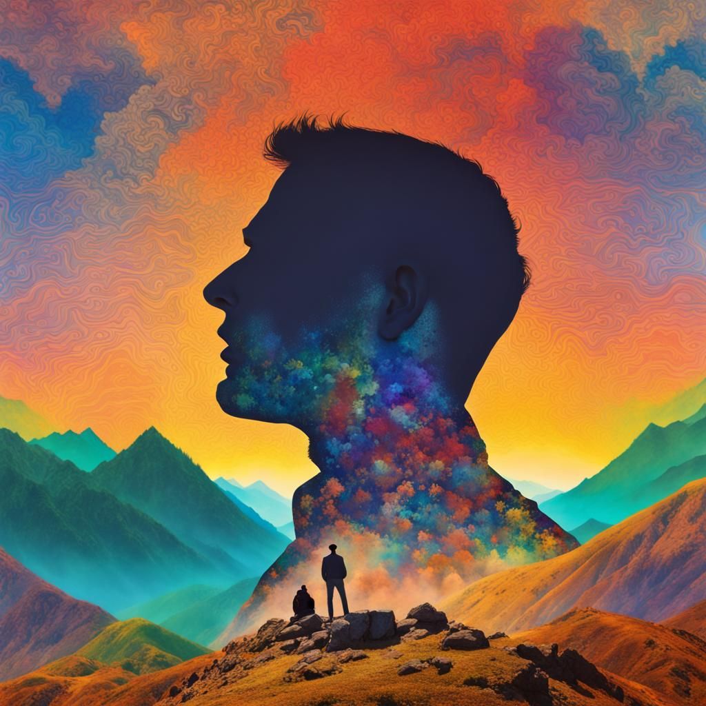 Colorful Mountain Silhouette Portrait in Magic Realism