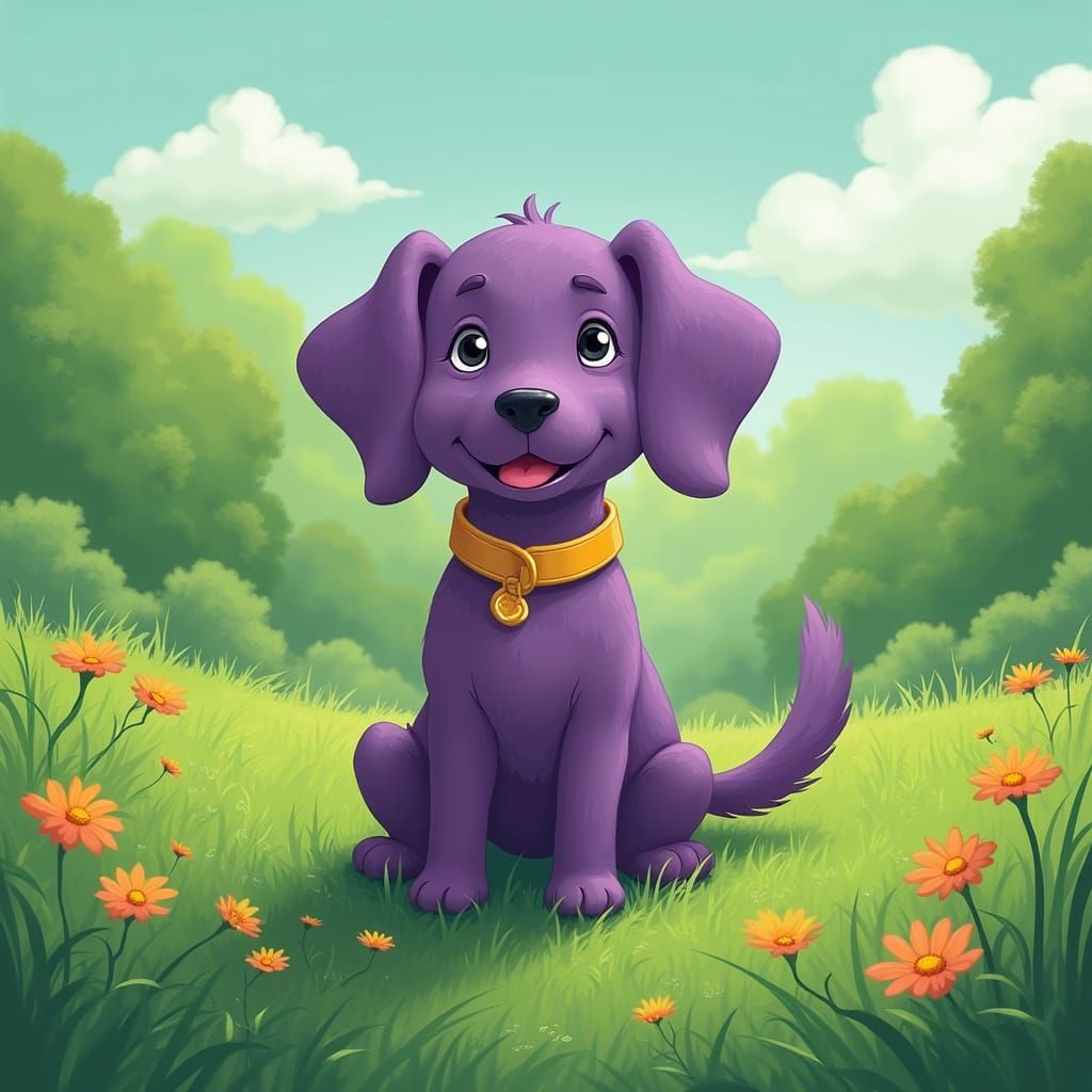 Purple Dog in Meadow with Yellow Collar