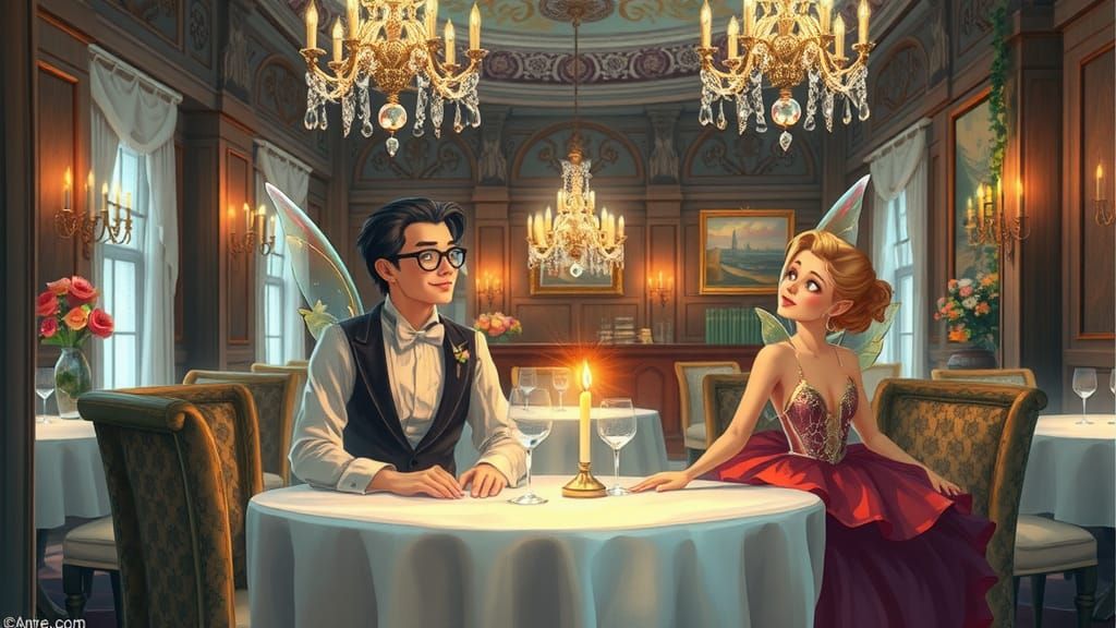 Two fairies on a date in a fancy restaurant.