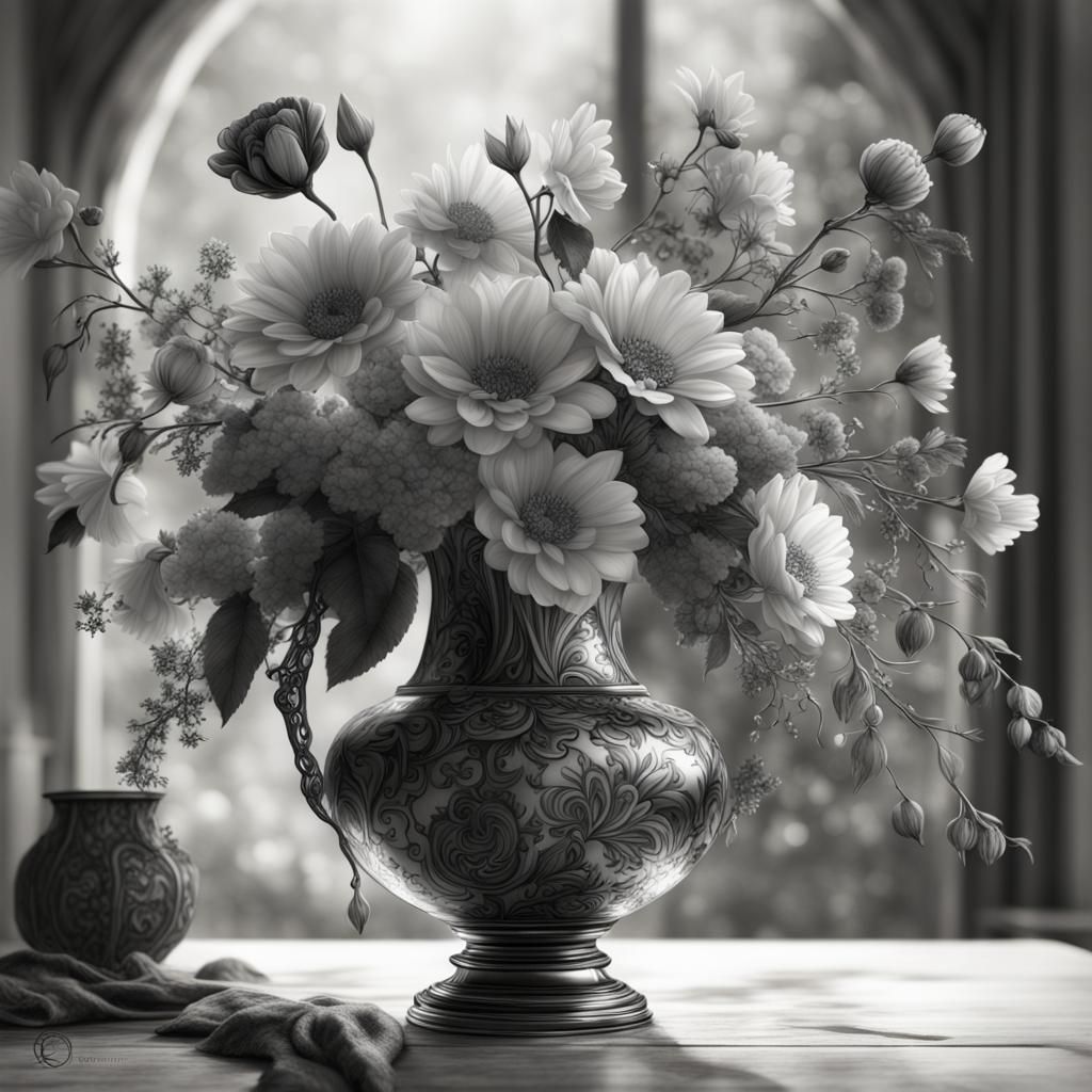 Detailed Pencil Drawing of Flowers in Vase