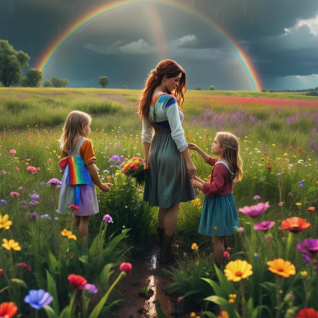 Mother and Child Pick Flowers After Rain, Fantasy Style