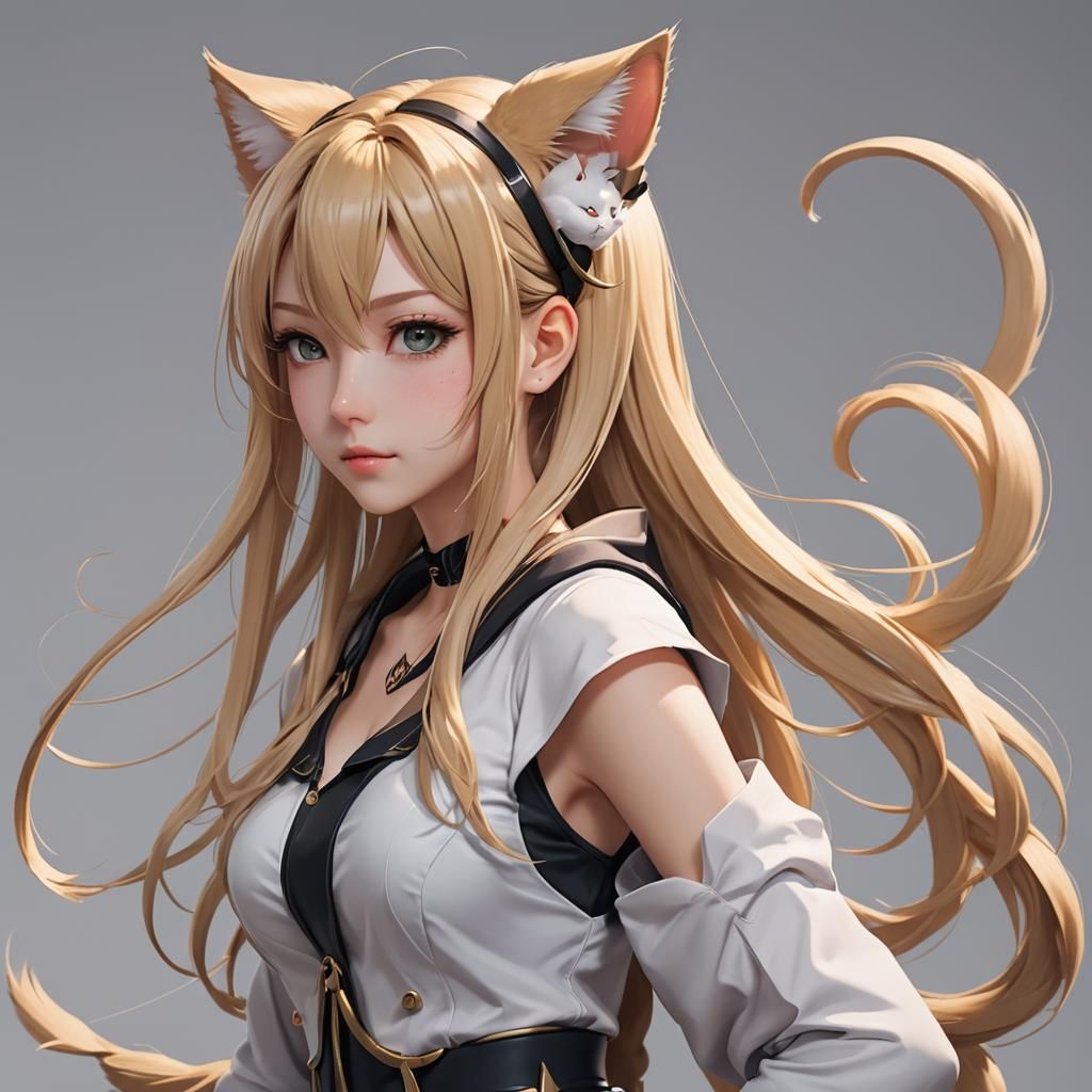 Anime Girl with Cat Ears and Tail in 3D