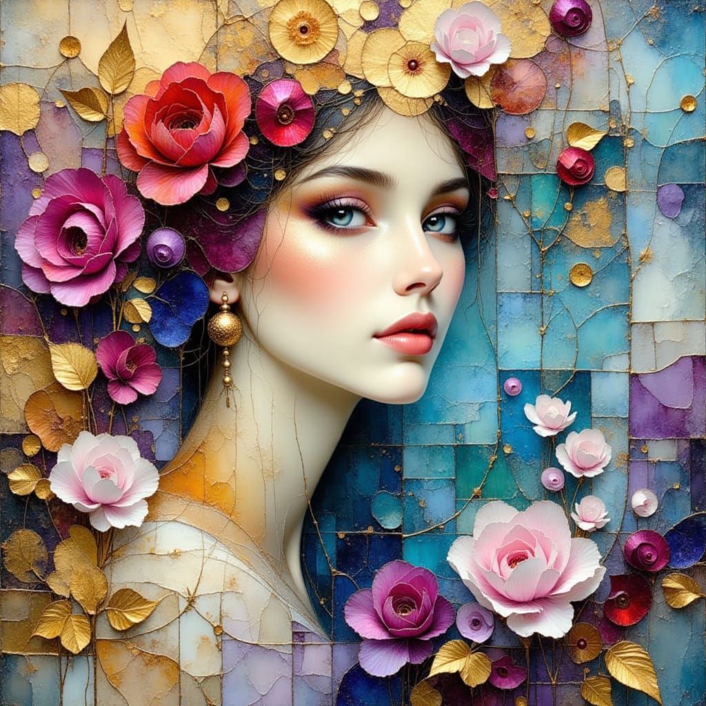 Woman in Serene Floral Wonderland with Metallic Accents