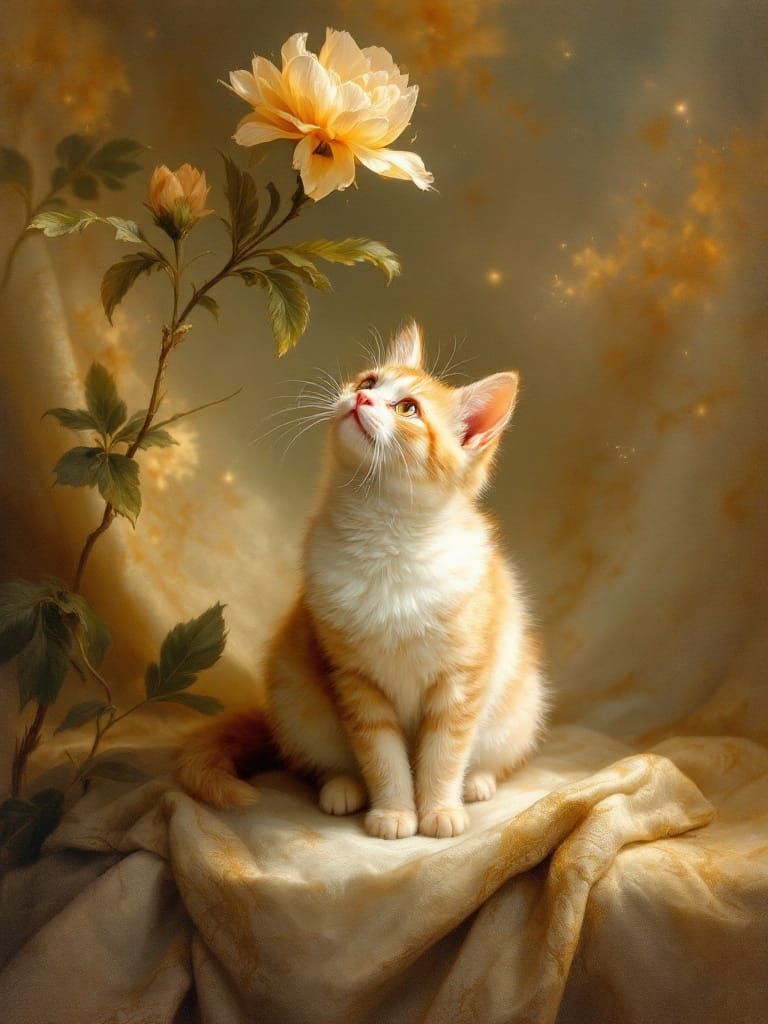 Adorable Cat in Golden Light with Floating Petals