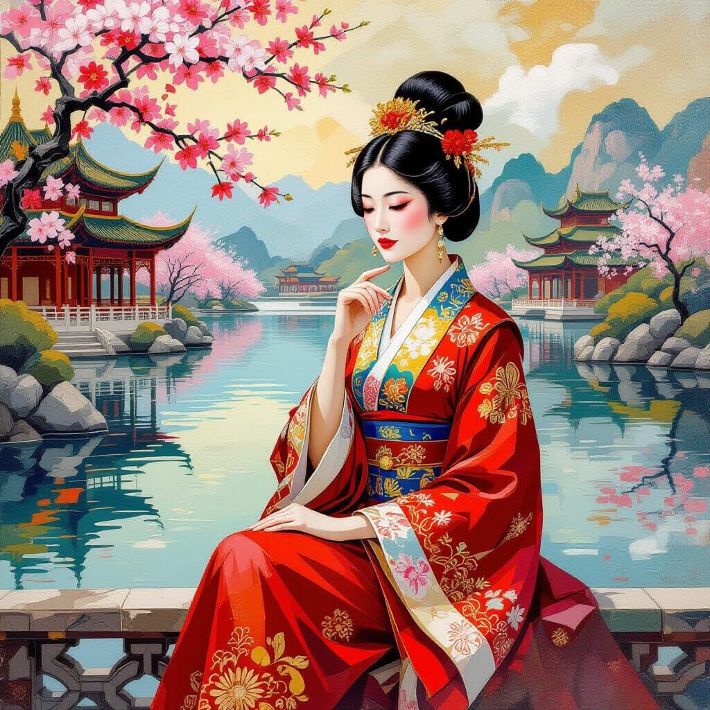 Chinese Empress Portrait in Neo-Cubist Art Deco Style