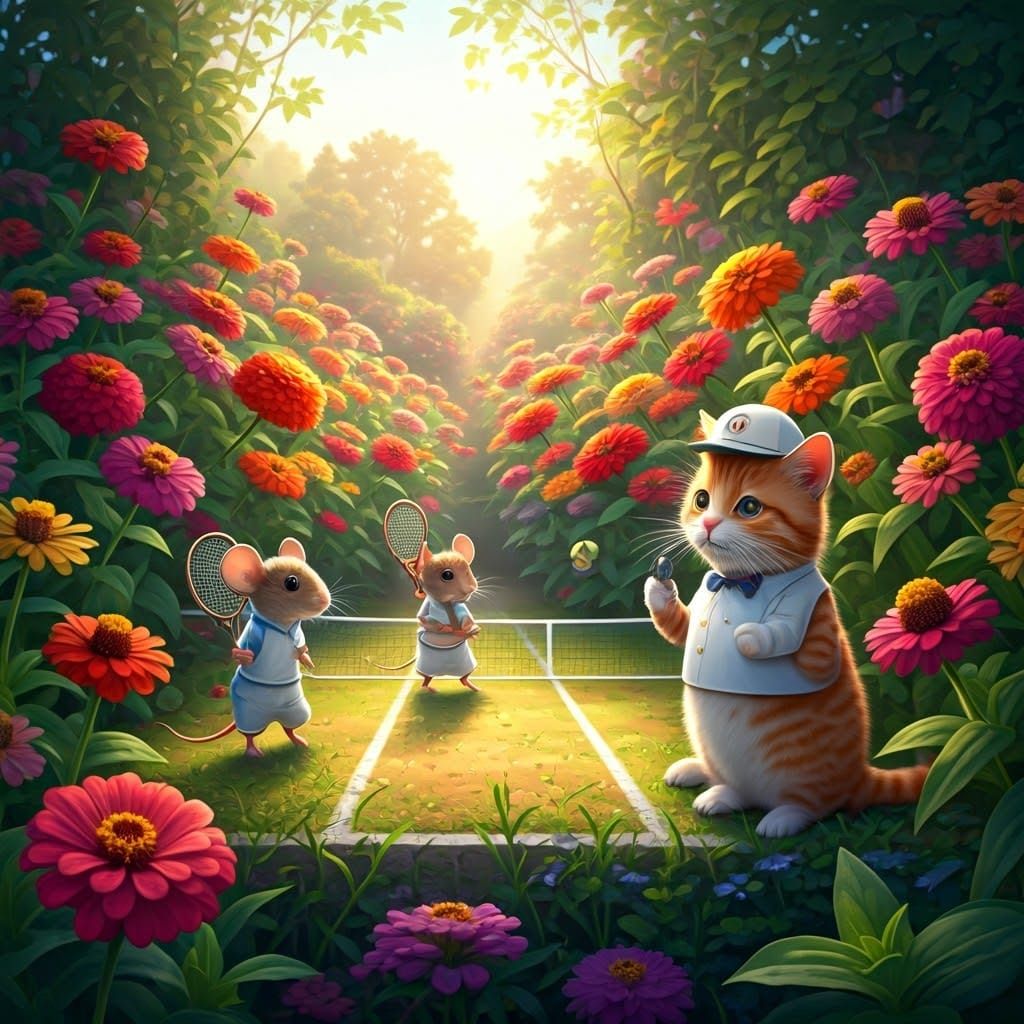 Tennis Match in a Whimsical Garden