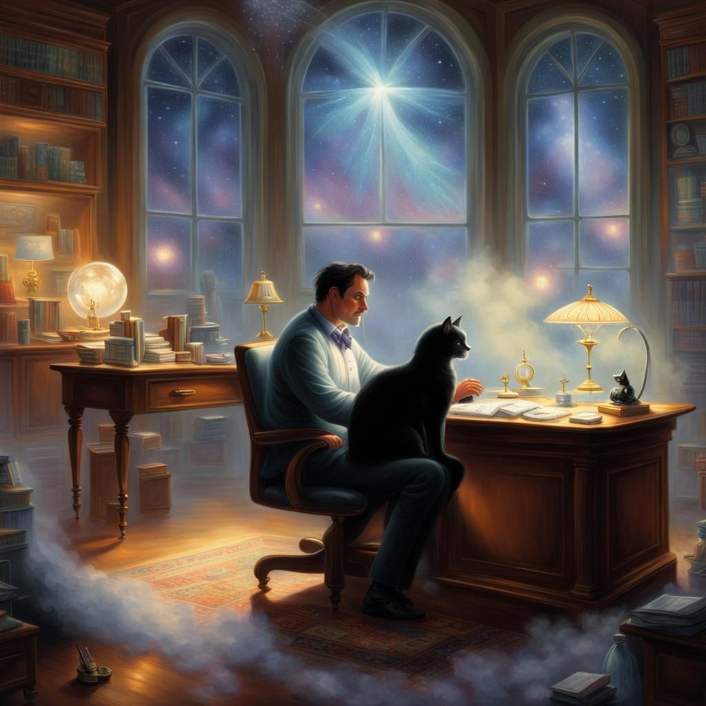 Magical Office Scene with Wizard and Cat