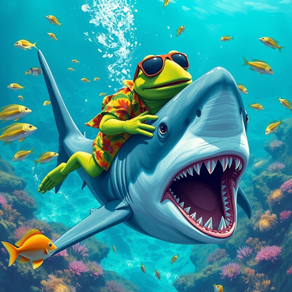 Frog Riding Great White Shark in Vibrant Underwater Scene