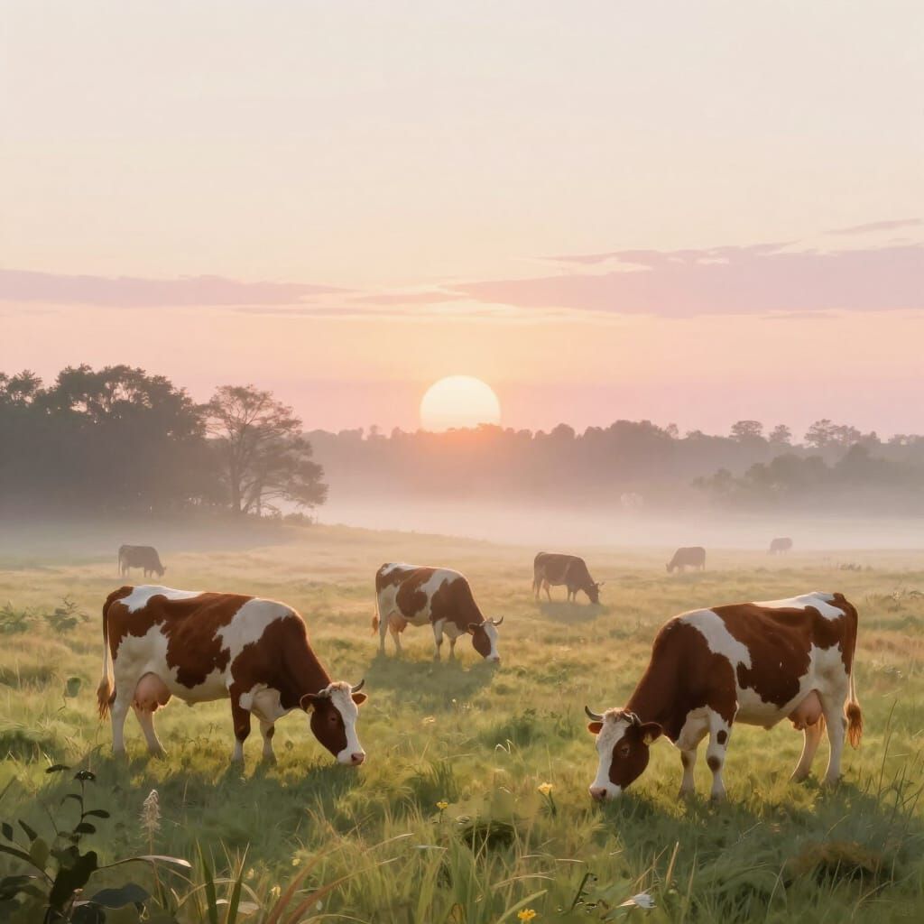 Pastel Sunrise Farm Scene with Grazing Cows